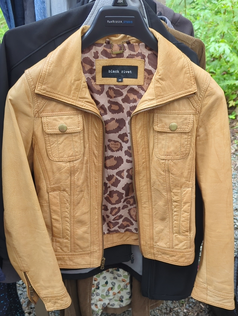 Black Rivet Tan Leather Jacket with Leopard Lining